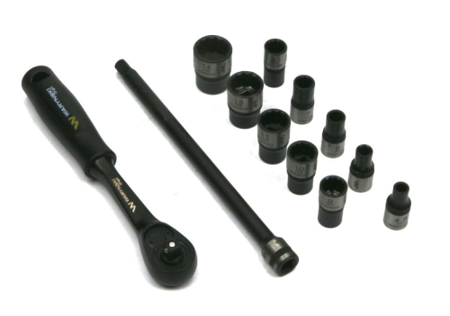 Zestaw 12 el. nasadki 1/4  przedłużka 12 cm grzechotka 4.5 5 6 7 8 9 10 11 13 14 Waryński-77942