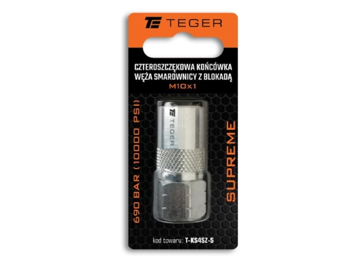 Czteroszczękowa końcówka węża smarownicy z blokadą M10x1. 690 BAR (10000 PSI) Supreme TEGER-97142