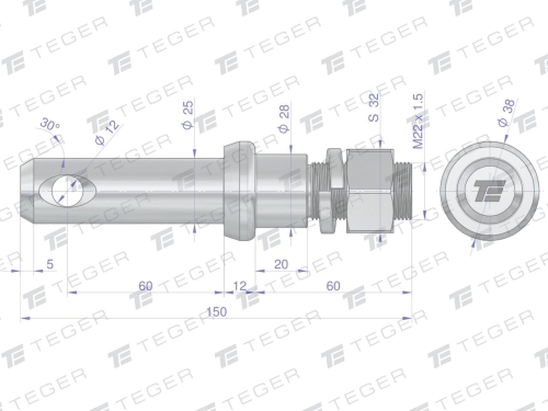 Sworzeń z gwintem T-SG25602240150 fi 25/60 mm M22x1.5/40 mm  150 mm TEGER-123032