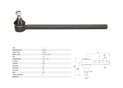 KOŃCÓWKA DRĄŻKA CASE 3210, 3220, 3230, 4210, 4220, 4230, 4240, 385, 485, 585, 685, 785, 885, 395, 495, 595, 695, 895, 995 1332805C2