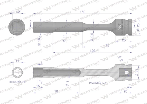 Nasadka udarowa 1/2", sześciokątna slim przelotowa ze stali CrMo 11mm długość 150 mm, stosowane w mechanice do kluczy udarowych, Waryński-124465