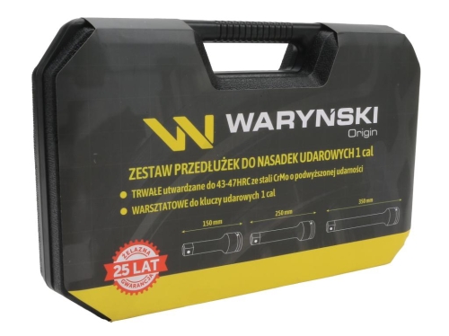 Zestaw przedłużek do nasadek udarowych, 1 cal 150 250 i 350 mm z utwardzanej stali stopowej CrMo 3 el., do prac w mechanice pojazdowej, warsztatowych, konstrukcyjnych, Waryński-175776